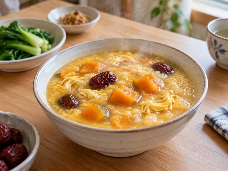 Illustration of Egg, red date & pumpkin congee